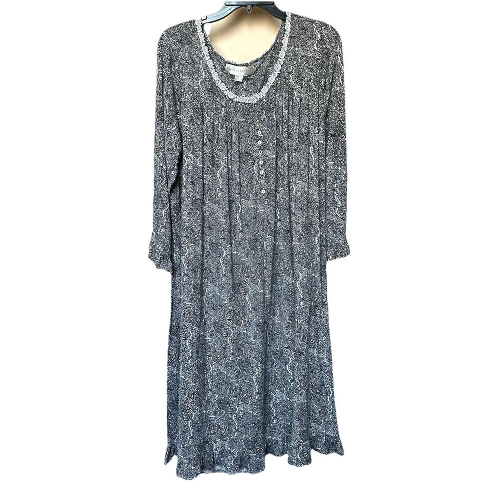 Eileen West Maxi Nightgown Lg 3/4 Sleeve Pullover Floral Gray White Cozy Cottage